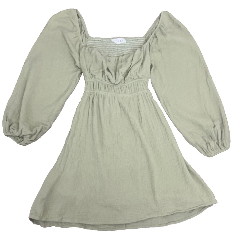 Solai Gauze Olive Green Smocked Babydoll Dress SM Balloon Sleeve Cottagecore